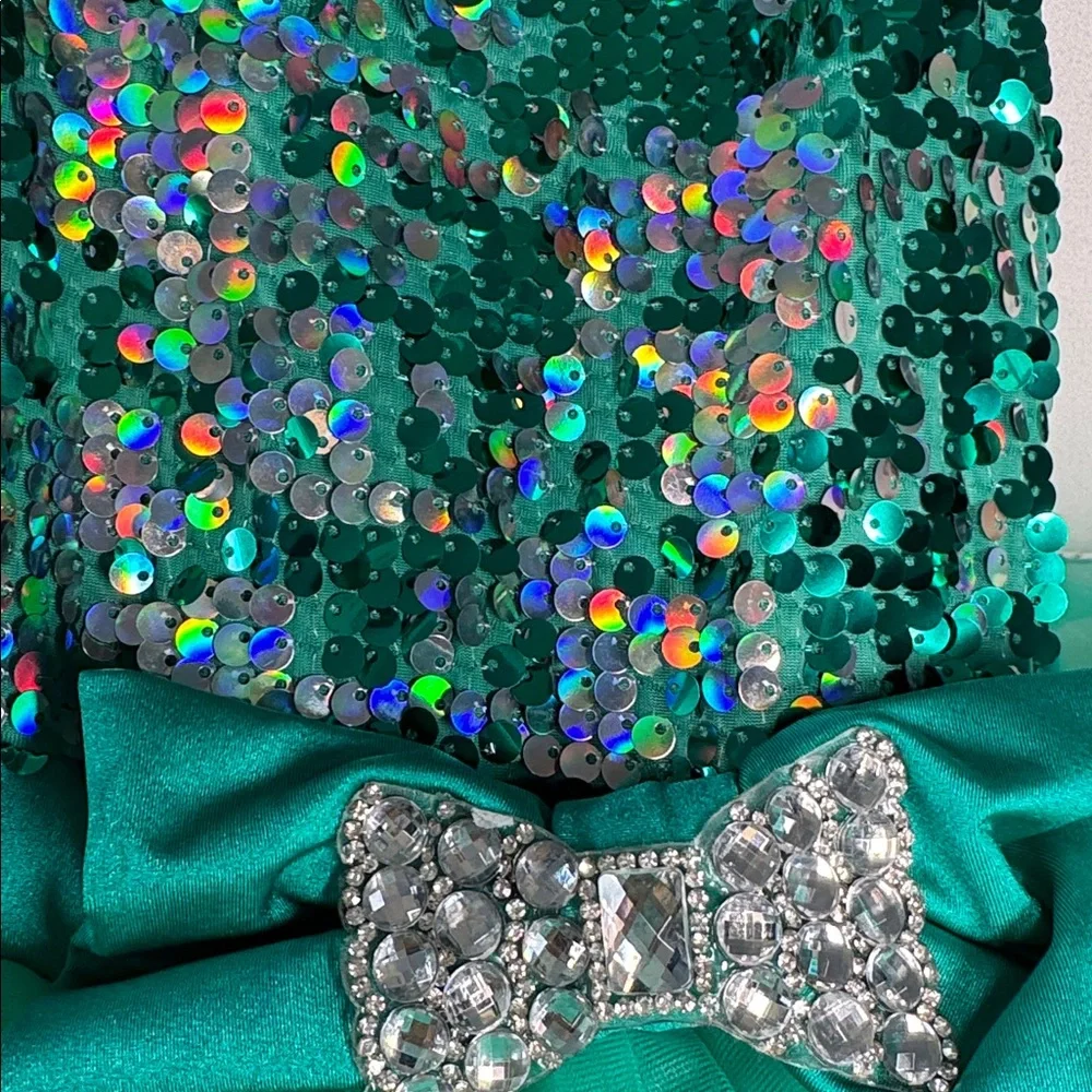Weissman teal dance costume sequin bodice and a multi-layered tulle poof skirt